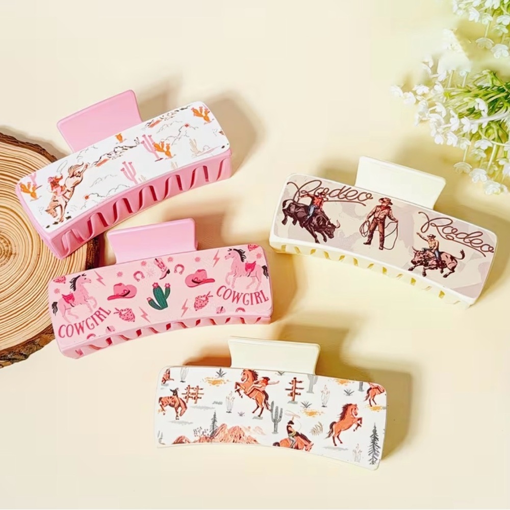 Western Cowgirl Rodeo Hair Claw Clips Set of 4 -‎ Pink and Cream
